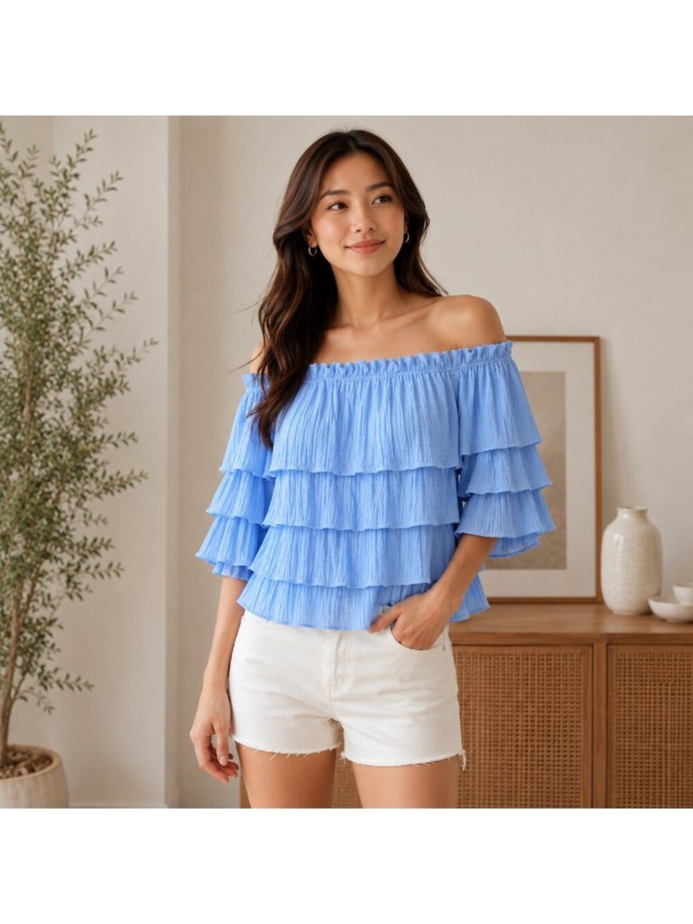 Sweet Wanderer Blue Off Shoulder Tiered Ruffle Top Size L Boho Cottagecore
